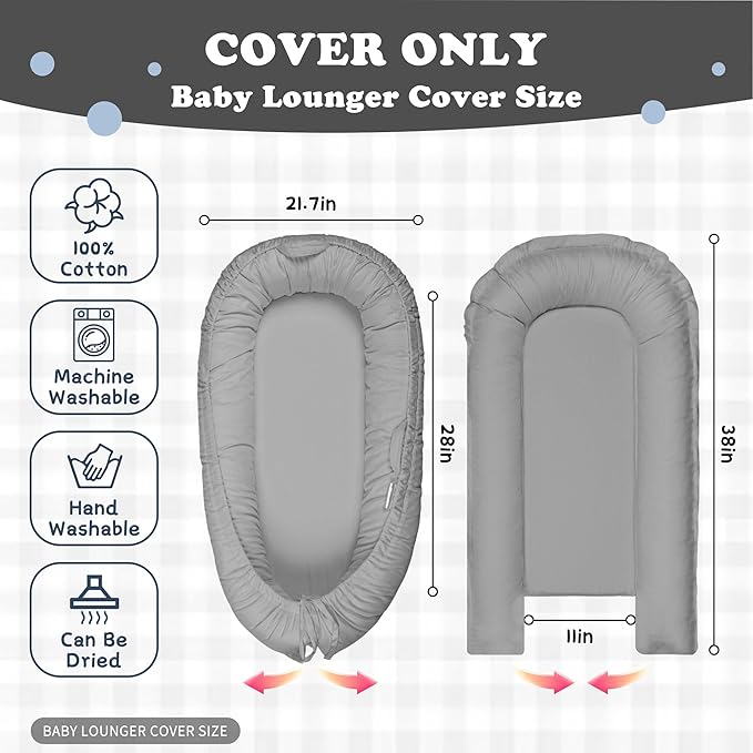 Baby Lounger Cover for Boys and Girls, Gray 100% Cotton Baby Nest Cover, Breathable Replacement Cover for Infant and Newborn Snuggle Me Lounger, Cover Only