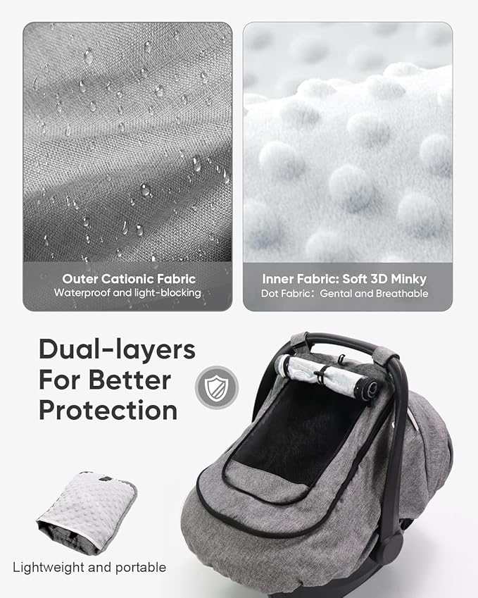TinlyFinly Waterproof Car Seat Cover for Baby, 2-Layer Car Seat Rain Cover with Clear Window & Sunshade & Mesh Cover, Universal Infant Carseat Canopy for Stroller, Protect from Rain and Snow - Gray