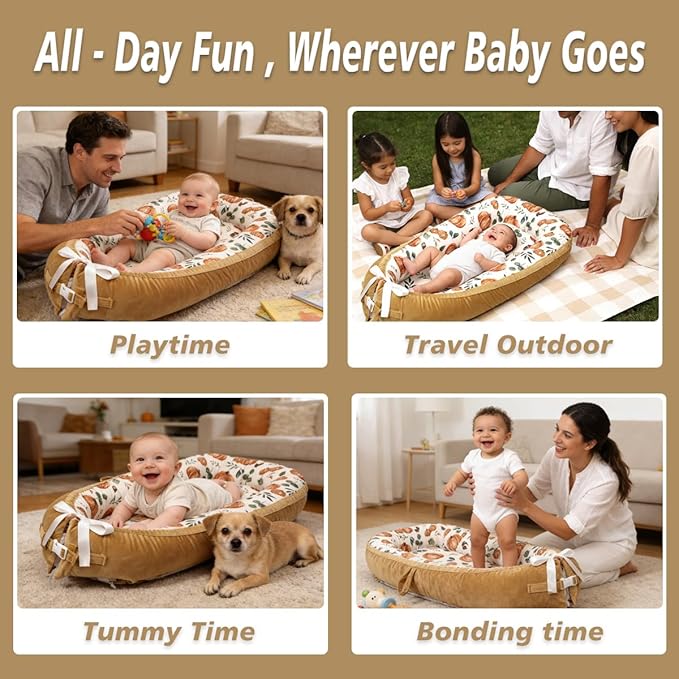 Infant Support Cushion - Breathable and Soft Organic 100% Cotton, Portable Tummy Time Mat with Removable Cover, Newborn Baby Essentials Gifts for 0-24 Months - Punpkin