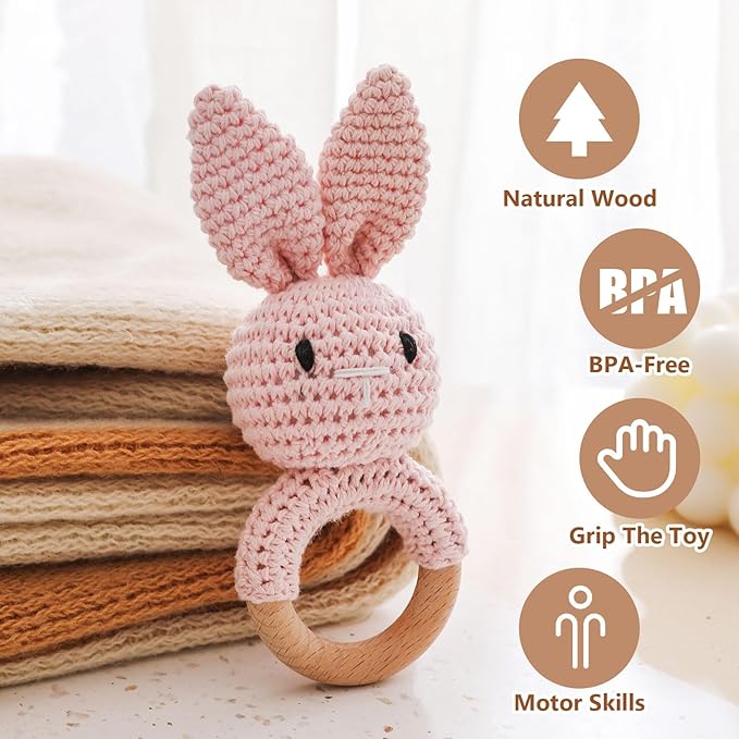 Wooden Baby Rattle，Crochet Bunny Rattle with Wood Ring, Newborn Wooden Animal Rattle Toy，Infant Pink Bunny Wood Rattle Toys