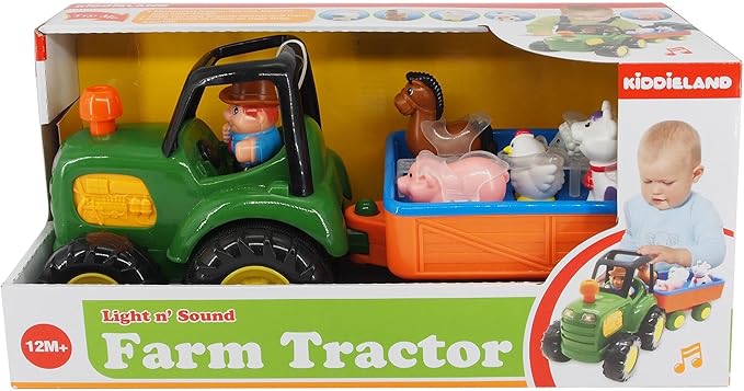 Kiddieland Light & Sound Farm Tractor Playset, Motorized Tractor with Trailer, 5 Animal Figures with Real Sounds, Farmer, Ages 1+ Toddler Interactive Toy