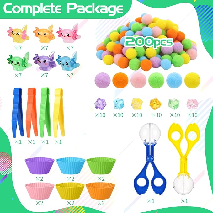 320 Pcs Axolotl Sensory Bin Fillers 200 Pompoms 42 Resin Axolotl Tweezers Scissors Clips Cups Fine Motor Skills Sets