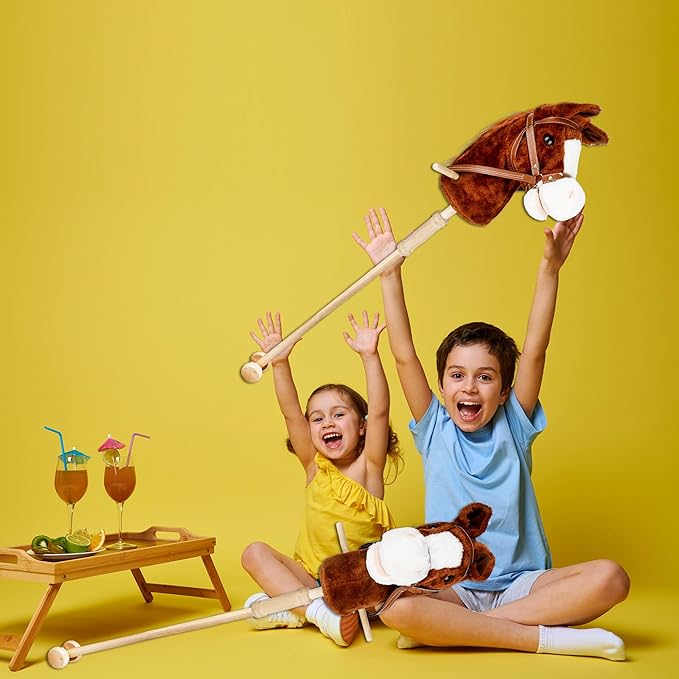 37 Inch Plush Stick Horse Handsewn Head Hobby Horse on a Stick Horses Ride on a Stick Toy with Wooden Wheels and Real Pony Clip-Clop Sounds for Pretend Play Kids Gift (Color Set 3)