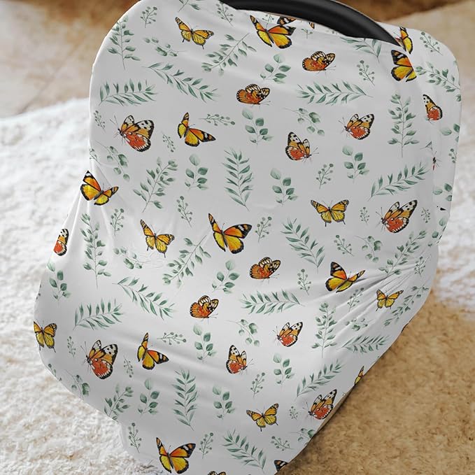 Butterflies Green Leaves Baby Car Seat Covers Spring Garden Stretchy 5-in-1 Cover Adjustable Car Canopy Cover Boho Greenery Breathable Nursing Cover-Up