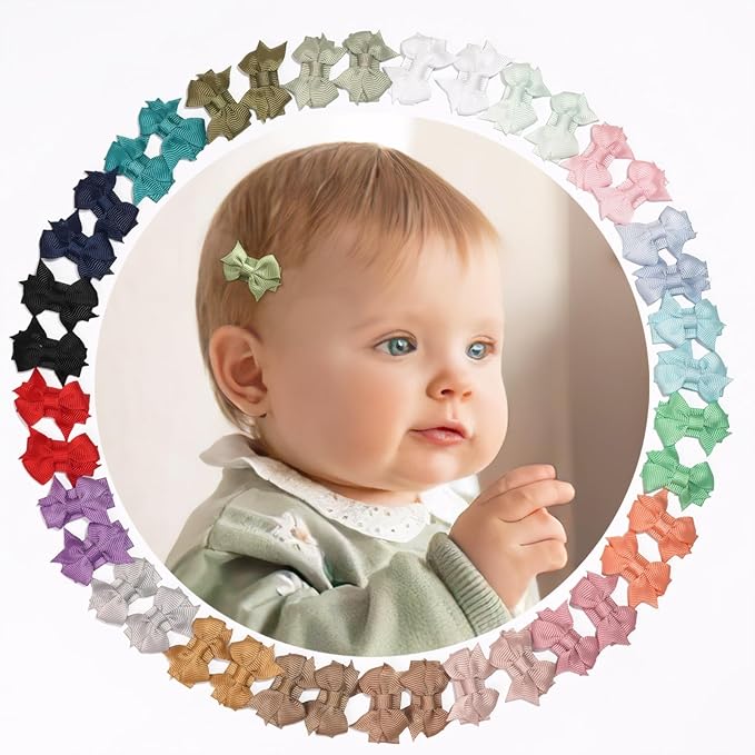 Mini Bow Hair Clips for Baby Girls, 1.5 Inch Grosgrain Ribbon, 40 Pieces, Fine Hair Accessories