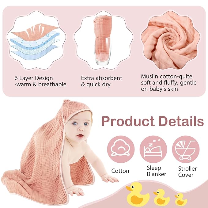 Peryiter 4 Pcs Muslin Hooded Baby Towels 32 x 32 Inch Cotton Newborn Bath Essentials Muslin Infant Blankets Absorbent Registry Gifts for Girl Boy Kids Baby Shower (Light Pink)