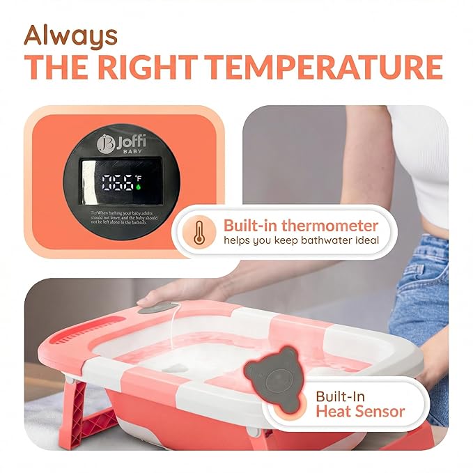 Collapsible Baby Bathtub for Newborn Infant Girl & Boy 0-24 Months, Foldable Portable Bathtub with Thermometer, Heat Sensor, Drain Plug, Water Scoop, Unicorn Cushion Pillow, Travel Bath Tub for Shower