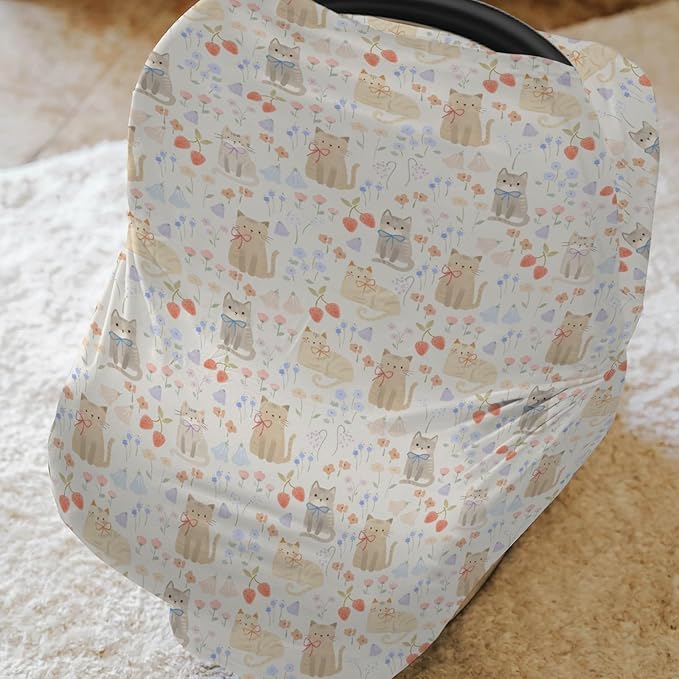 Boho Cats Bows Strawberries Flowers Car Seat Cover for Babies Cute Kittens Meadow Floral Stretchy 5-in-1 Cover Adjustable Car Canopy Cover Cat Lovers Gift Breathable Nursing Cover-Up