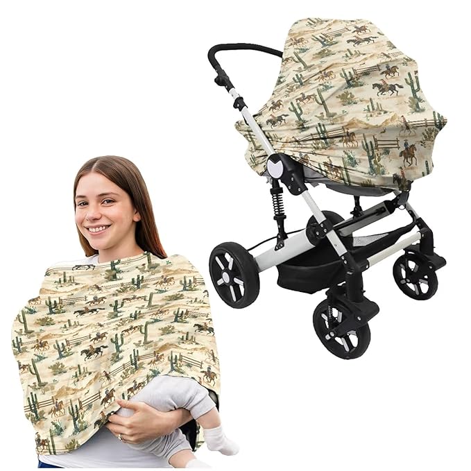 Cactus Cowboy Baby Car Seat Cover with Nursing Pillowcase Set of 2, Elastic Nursing Cover for Breastfeeding, Carseat Canopy Pillow Slipcovers for Baby Girls Boys
