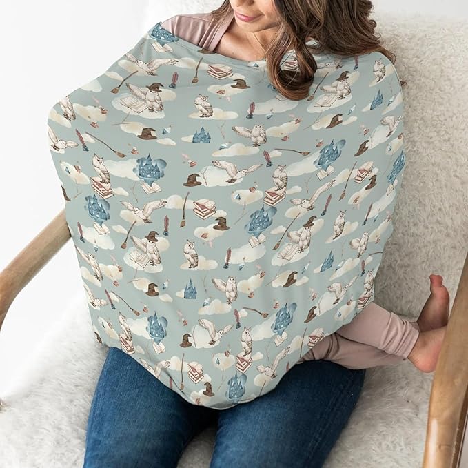 Vintage Wizard Owls Car Seat Cover for Babies Watercolor Witch Hat Books Castle Clouds Stretchy 5-in-1 Cover Adjustable Infant Carseat Canopy Cover Magics Wizard Universe Breathable Nursing Cover-Up
