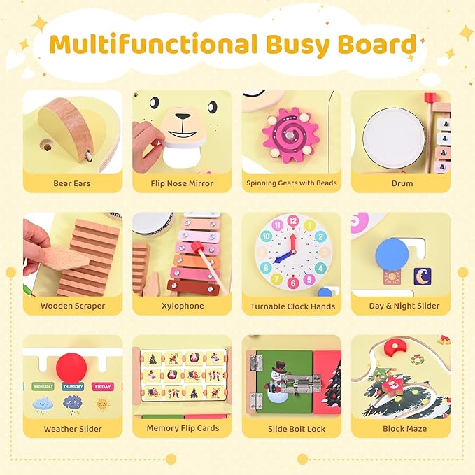 Activity Wall Busy Board Panels, Bear Wooden Montessori Sensory Toys, Toddler Learning Activity Center, Sensory Wall Panel Ideal Educational Gift for Boys and Girls