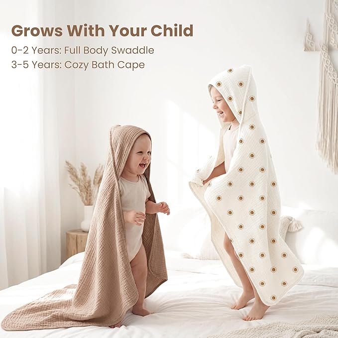 Konssy 2-Pack Muslin Hooded Baby Towels, 100% Cotton, Ultra-Soft & Absorbent Baby Bath Towels with Hood for Newborn & Infant (Camel, Sun,32" x 32")