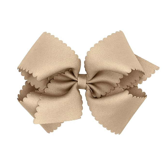 Wee Ones Girls' Classic Grosgrain Hair Bow with Scalloped Edges, No-Slip Hair Clip, Handmade, Oatmeal, King