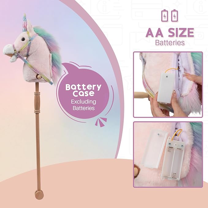 HollyHOME Unicorn Stick Horse with Wood Wheels Real Pony Neighing and Galloping Sounds Plush Unicorn Toy Pink with Rainbow Mane 36 Inches(AA Batteries Required)