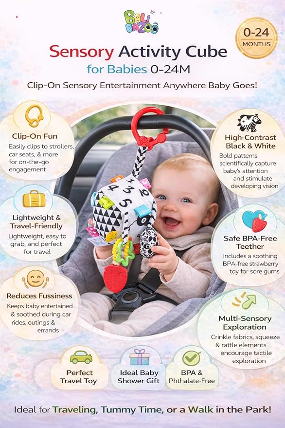 Balibazoo Sensory Activity Cube for Babies 0-24M - High-Contrast Black & White Developmental Toy | BPA-Free Silicone Teether, Crinkle, Rattle Rings | Clip Attachment | Gift for Newborns