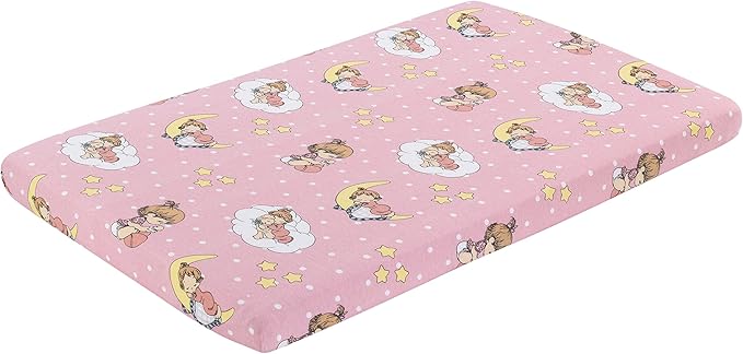 2 Pack n Play Mattress Sheets – 100% Jersey Knit Cotton Soft Portable Crib Mattress Sheet for Girls with Pink and Yellow Precious Moments Design; 2 Pk Playpen Mattress or Mini Crib Fitted Sheet Set