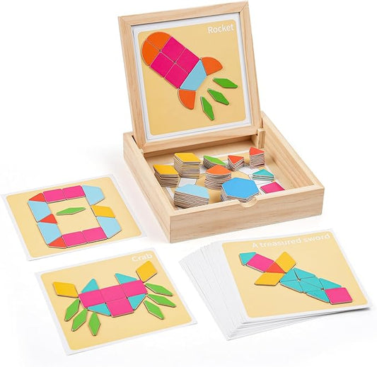 130 Pcs Wooden Magnetic Pattern Blocks Set, Montessori Tangram Puzzle with Pattern Cards & Storage Box, STEM Educational Toy for Toddlers & Kids Ages 4–8, Creative Gift for Boys & Girls