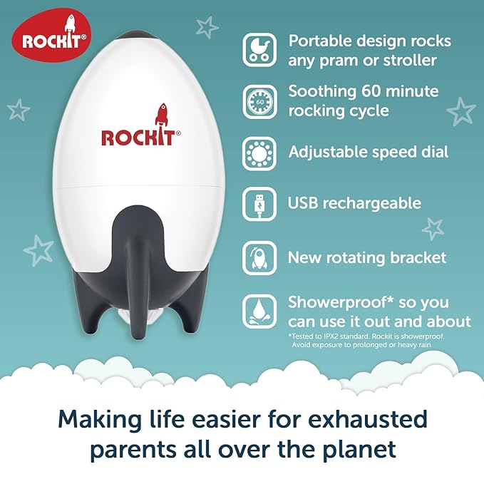Rockit Baby Rocker USB Rechargeable - Hands-Free Portable Rocker Sleep Aid Soother Gently Rocks Stroller or Buggy - Adjustable Speed 60-Min Timer - Fits Pushchairs & Prams Creates Automatic Bouncer