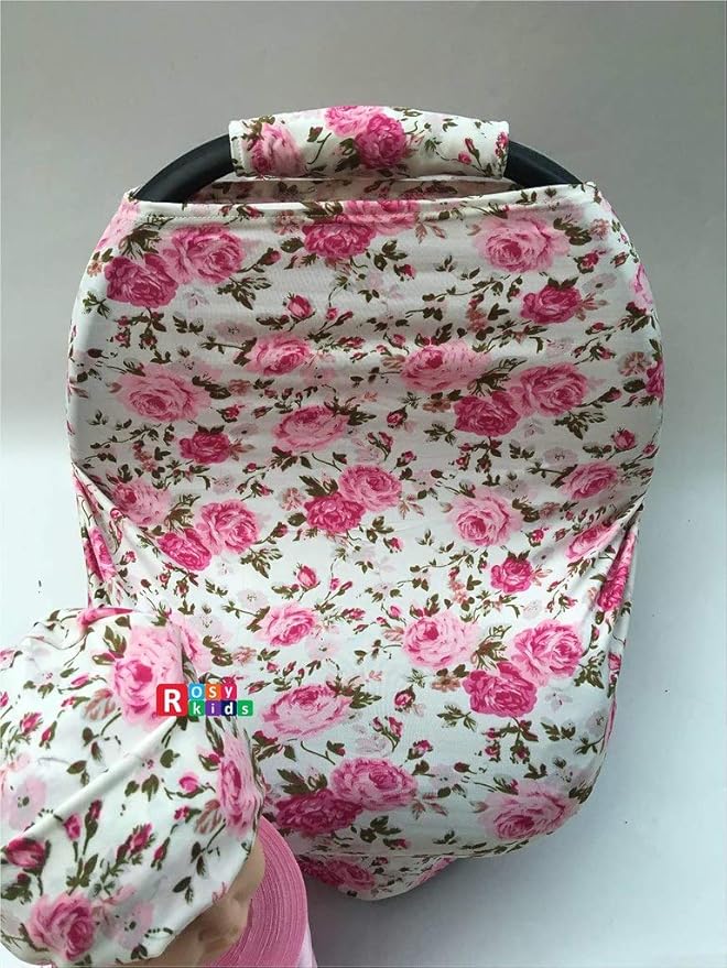 9pc Baby Girl Ultimate Set of Infant Car Seat Cover Canopy Headrest Blanket Hat Nursing Scarf, 25JE01