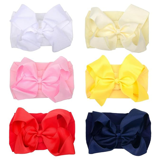 6 Pcs Baby Girls Headband Bows, Soft Nylon Hairbands Cute Big Bow Super Elastic Headband For Baby Girls Newborn Infant Toddlers (6Pcs Warm Color, Large)