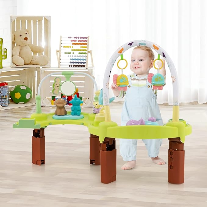 GLACER 3-in-1 Baby Activity Center, Toddler Play Center w/Bouncing Saucer, Activity Table & Play Mat, Folding Infant Learning Center w/ 3-Level Adjustable Height for 6-12 Months, Green
