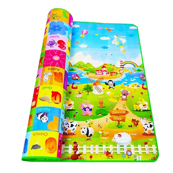 Reversible Baby Crawling Mat 2 * 1.8m/6.6 * 5.9ft, Extra Large Antislip Baby Crawling Mat Foldable Washable Farm Pattern Large Baby Play Mat for Floor Infant 0.3cm / 0.1in