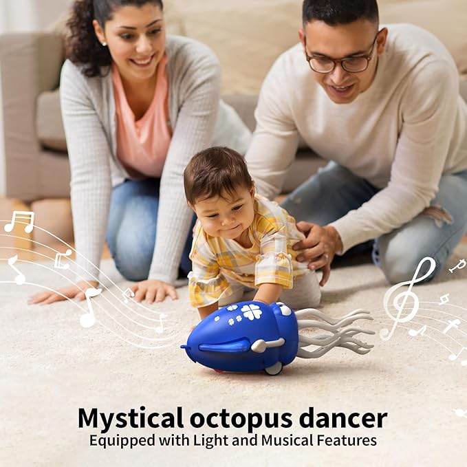 Electric Dancing Octopus Toy with Led Light and Music, Kids Electric Crawling Octopus Tummy Time Toy, Rechargeable Interactive Sensory Toys, for Christmas Birthday Gift (Blue)