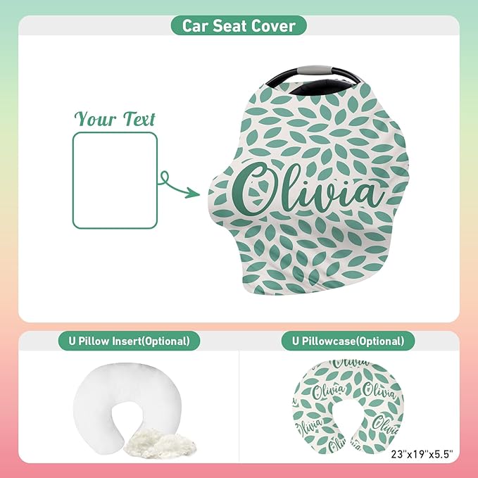 Personalised Car Seat Cover for Girls and Boys - 7 in 1 Multipurpose Breast Feeding Cover, Nursing Cover, Green Leaf Pattern Grocery Cart Cover - Birthday Gift for Babies