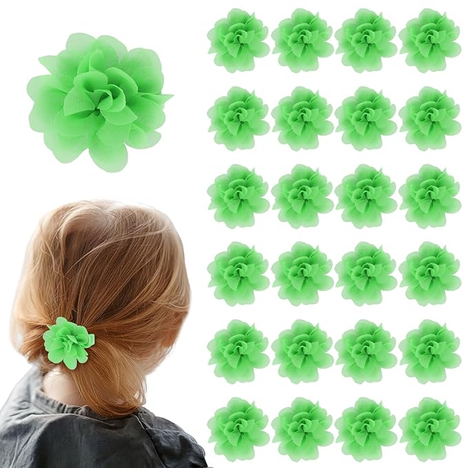 24 PCS 2" Chiffon Flower Hair Bows Clips Artificial Fabric Flower Tiny Baby Hair Clips Fine Accessories for Women Girls Kids (Green)