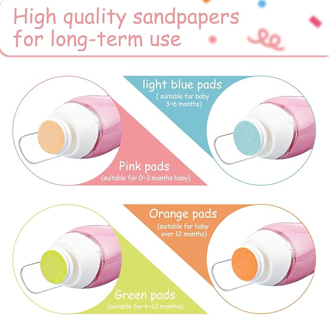24 Pieces Baby Nail File Pads Nail Trimmer Replacement Pads Electric Baby Nail Grinding Heads for Standard Electric Kid Nail Trimmer Suits to Newborn Infant Toddler (Pink, Light Blue, Green, Orange)