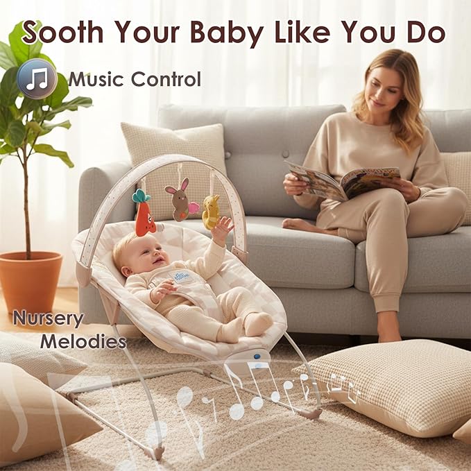 Baby Bouncer – Baby Bouncer seat, Infants Bouncy Seat with Music & Sensory Toys, Compact & Machine Washable Seat Pad Indoor Infant Seat, Ideal for Newborns 0-6 Months, Max Weight 20lbs (Sand Checker)