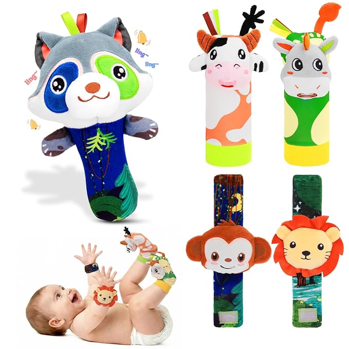 Baby Rattle Toys Set - Wrist Rattles for Babies 0-6 Months Baby Foot Rattles Socks 0-12 Months Baby Rattles & Plush Rings, Soft Sensory Toys for Newborn Essentials Baby Shower Gift