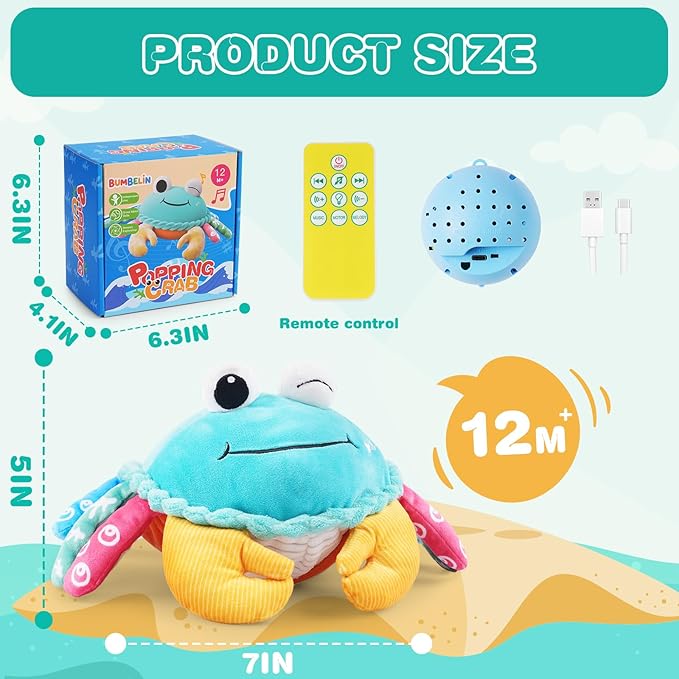 Baby Toys 12-18 Months, Musical Crawling Crab with Remote Control - Moving, Bouncing & Talking Plush Toy for Toddlers, Rechargeable Sensory Tummy Time Toy, Birthday Gifts for Boys & Girls