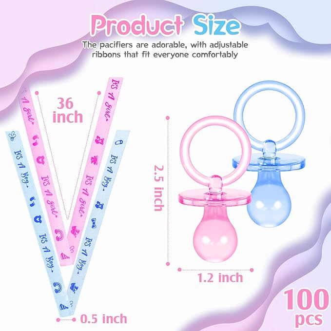 100 Pieces Baby Shower Pacifiers Necklace, Cute Acrylic Pacifier Necklaces for Chupones para Baby Shower Games Charm, Party Favors, Decorations DIY, Gender Reveal Table Scatter(Pink&Blue)