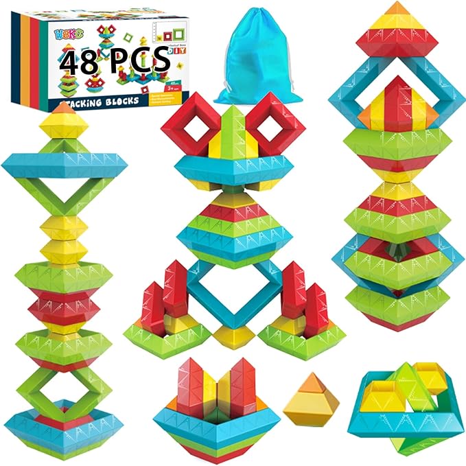 48 PCS Building Block Stacking Toys Kids 3 4 5 6 Year Old, Educational STEM Toys for Boys Girls, Developmental Learning Sensory Gifts for Birthdays