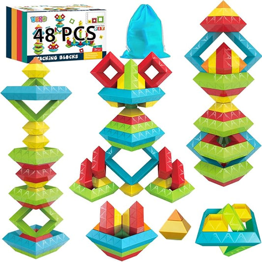 48 PCS Building Block Stacking Toys Kids 3 4 5 6 Year Old, Educational STEM Toys for Boys Girls, Developmental Learning Sensory Gifts for Birthdays