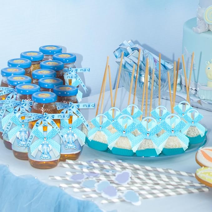 Tondiamo 60 Pcs Baby Shower Pacifiers Elephant Necklace Acrylic Baby Shower Party Favors with Cute Rhinestone Bows for Gender Reveal Party Decoration Table Scatter(Blue)
