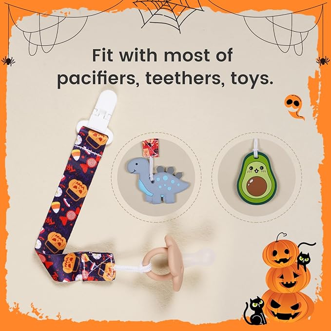 Baby Pacifier Clip,Paci Leash Binky Clips for Baby Boys and Girls,Newborn Essentials,Pack of 6 Gift Set. (Halloween)