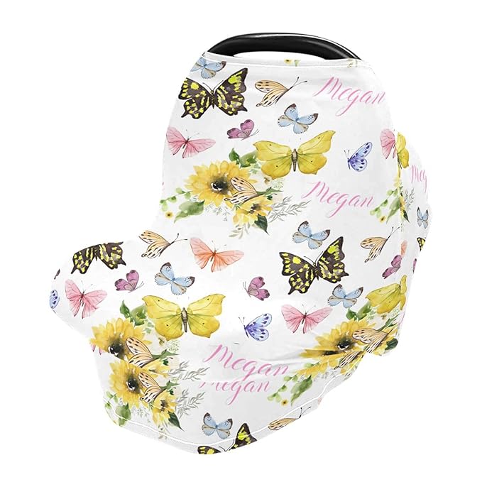 Personalized Baby Car Seat Cover for Girls, Custom Nursing Covers with Name, Sunflower Butterfly Pattern, Universal Fit, Water Resistant, Linen, Cotton