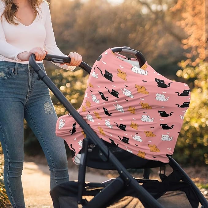 Forchrinse Cartoon Cat Print Baby Car Seat Canopy for Boys Girls -Soft Nursing Breastfeeding Cover Stroller Cover Baby Car Seat Cover for Cat’s Lover
