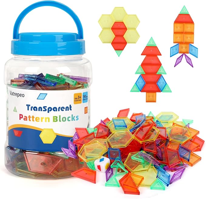 140 Pcs Translucent Pattern Blocks for Light Table, 6 Colors & Shapes Educational Light Table Manipulatives and Accessories