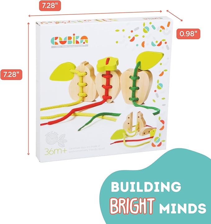 CUBIKA Wooden Lacing Fruit Set – Montessori Threading Toy for Toddlers Ages 3+ – Made from Natural Wood with Water-Based Paints – Travel-Friendly Educational Gift for Boys & Girls