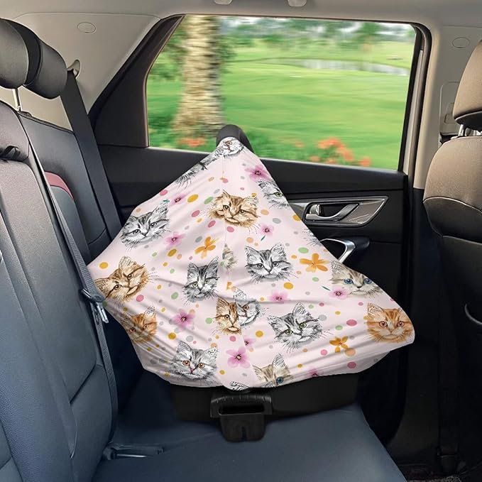 Biyejit Cat Flowers Breathable Car Seat Cover for Babies – Multi-Purpose Soft Rayon Nursing Cover for Breastfeeding, Stretchy Infant Carseat Canopy, Stroller Cover