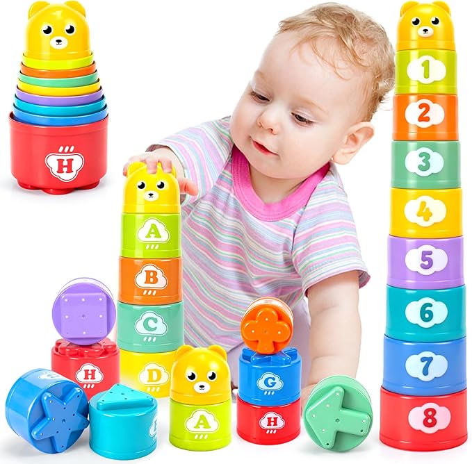 Stacking Cups Toys for Toddlers 1-3, Baby Toys Stacking Cups & Teething Toy for Babies 6-12 Months Montessori Educational or Bath Fun Stacking Blocks for Toddlers 1-3
