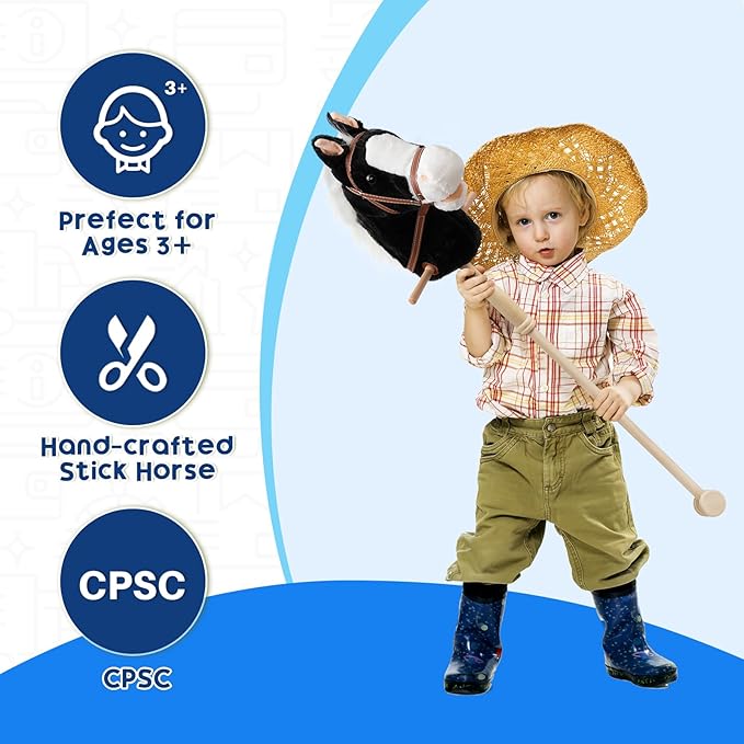 HollyHOME Stick Horse Plush Handcrafted Hobby Horse on a Stick with Wood Wheels Real Pony Neighing and Galloping Sounds for Kids Toddlers Black 36 Inches(AA Batteries Required)
