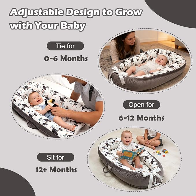 Baby Lounger-Breathable and Soft Organic 100% Cotton, Portable Infant Lounger with Removable Lounger Cover, Baby Nest Lounger for Newborn - Grey Panda