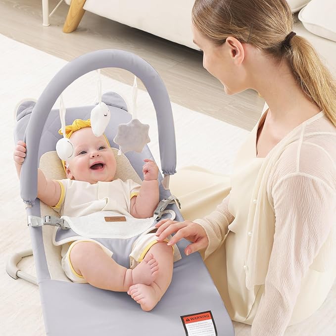 Baby Bouncer, Foldable Infant Bouncer Seat with 3 Adjustable Heights, 0-18 Months, Portable Baby Bouncer with Soft Cotton Fabrics, Lightweight & Easy to Wash
