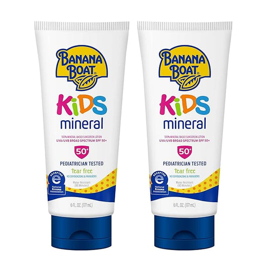 Banana Boat 100% Mineral Kids Sunscreen Lotion SPF 50, Twin Pack | Banana Boat Mineral Sunscreen for Kids, Childrens Sunblock SPF 50, Oxybenzone Free, 6Fl Oz each (Pack of 2)