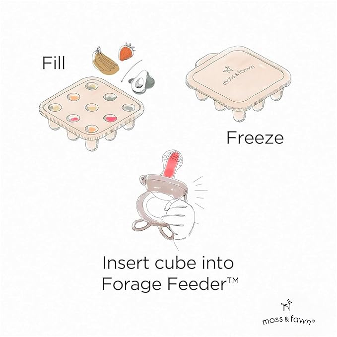Moss and Fawn Baby's First Bites Bundle - Silicone Frozen Breast Milk Popsicle Kit with Forage Feeder & Teething Popsicle Ice Cube Tray - BPA, PVC, & Lead-Free - Bloom