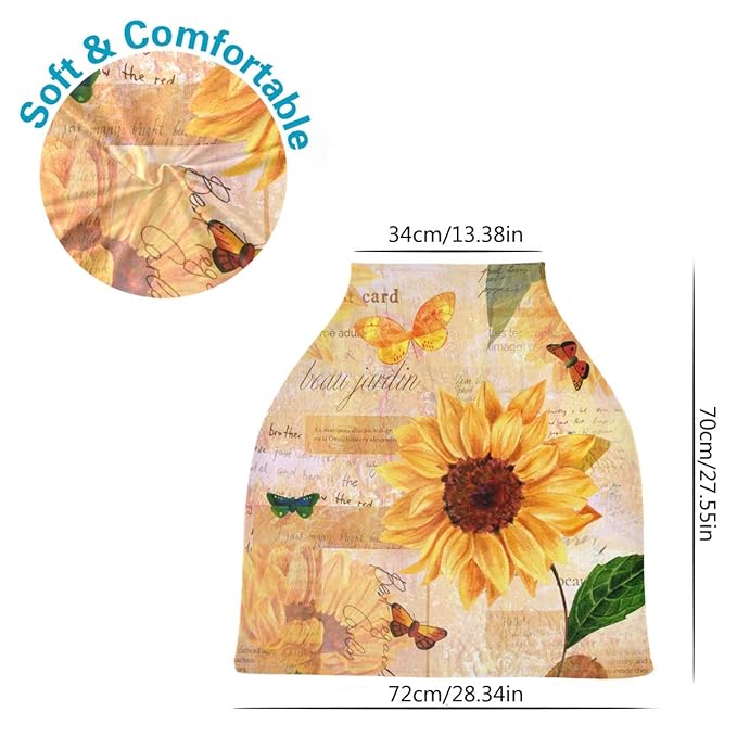 Vintage Yellow Sunflower and Butterfly Baby Car Seat Covers, Nursing Cover Breastfeeding Scarf Soft Breathable Stretchy Coverage, Infant Stroller Cover for Boys Girls